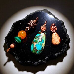 CLEARANCE SET! 3 Wire Wrapped Copper Stone Pendants +++ 24" Copper Figaro Chain